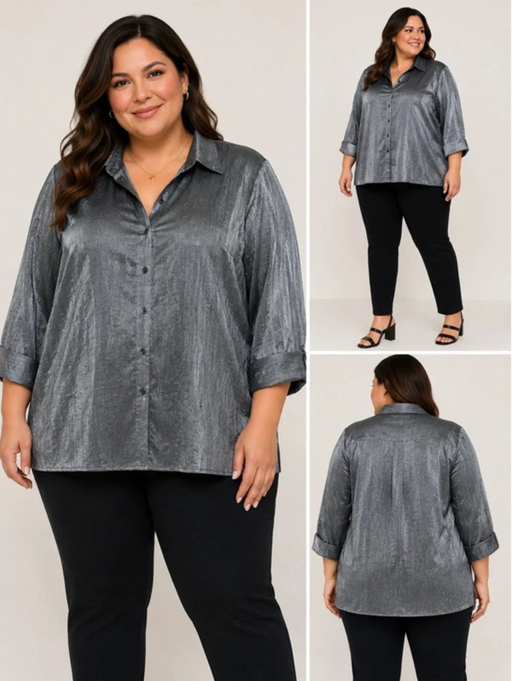 Sara Michelle Gray Metallic Sheer Button Front Blouse XL